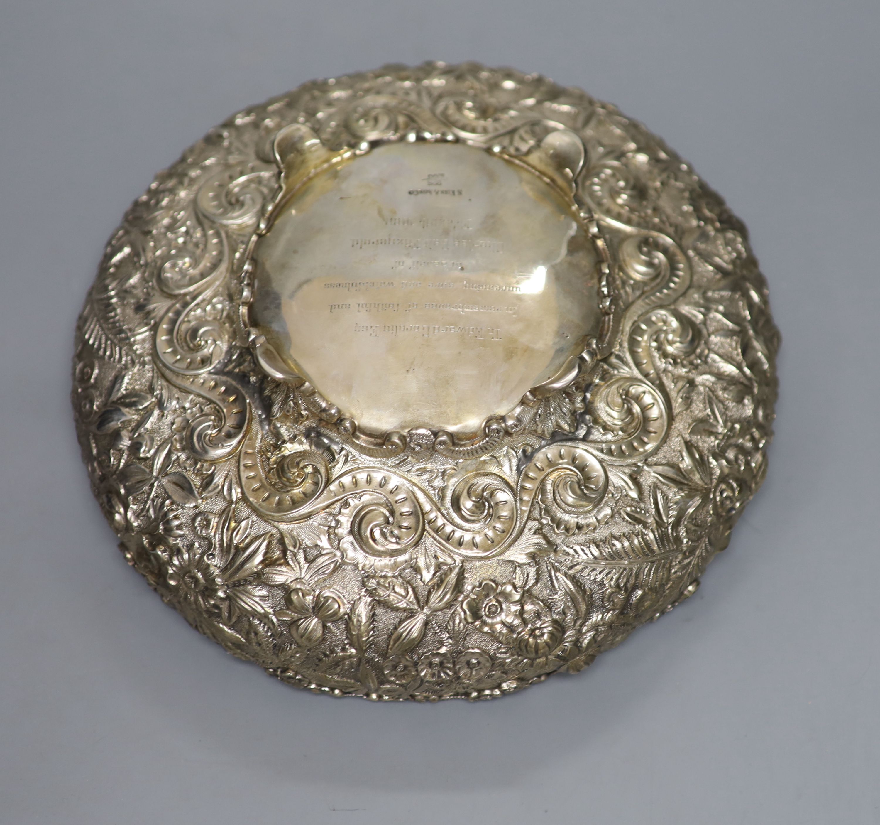 A late 19th century American embossed sterling fruit bowl by S. Kirk & Son Co, 23.5cm, 19.5oz.